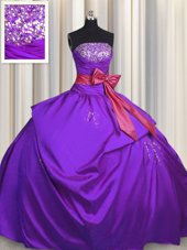 Designer Purple Taffeta Lace Up Sweet 16 Quinceanera Dress Sleeveless Floor Length Beading and Bowknot