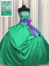 Fashion Green Lace Up 15th Birthday Dress Beading and Pick Ups and Bowknot Sleeveless Floor Length
