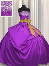 Cute Fuchsia Ball Gowns Strapless Sleeveless Satin Floor Length Lace Up Beading and Bowknot Sweet 16 Dress
