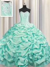 Vintage Brush Train Floor Length Lace Up Quince Ball Gowns Apple Green and In for Military Ball and Sweet 16 and Quinceanera with Beading and Pick Ups