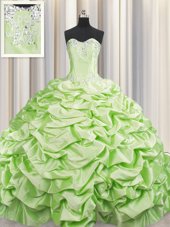 Elegant Brush Train Lace Up Sweet 16 Dress Yellow Green and In for Military Ball and Sweet 16 and Quinceanera with Beading and Pick Ups Sweep Train