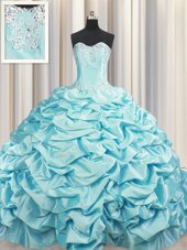 Hot Selling Brush Train Aqua Blue Taffeta Lace Up Ball Gown Prom Dress Sleeveless Sweep Train Beading and Pick Ups