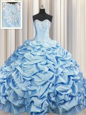 Brush Train Baby Blue Ball Gowns Beading and Pick Ups Quinceanera Dress Lace Up Taffeta Sleeveless
