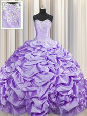 Brush Train Lavender Ball Gowns Beading and Pick Ups Quince Ball Gowns Lace Up Taffeta Sleeveless With Train