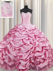 Spectacular Sleeveless Beading and Pick Ups Lace Up Sweet 16 Dress with Rose Pink Brush Train