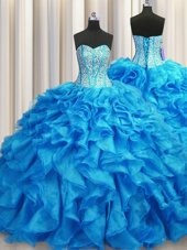 High Class Visible Boning Baby Blue Lace Up Vestidos de Quinceanera Beading and Ruffles Sleeveless Brush Train