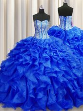 Best Visible Boning Royal Blue 15 Quinceanera Dress Sweetheart Sleeveless Brush Train Lace Up