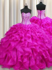 Elegant Visible Boning Sweetheart Sleeveless Brush Train Lace Up Quinceanera Dresses Fuchsia Organza