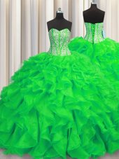 High End Visible Boning Green 15 Quinceanera Dress Military Ball and Sweet 16 and Quinceanera and For with Beading and Ruffles Sweetheart Sleeveless Brush Train Lace Up