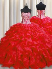 New Arrival Visible Boning Organza Sweetheart Sleeveless Lace Up Beading and Ruffles Ball Gown Prom Dress in Red