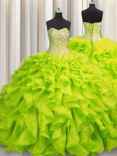 Cheap Visible Boning Yellow Green Lace Up Sweetheart Beading and Ruffles Quinceanera Dress Organza Sleeveless