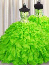Unique Visible Boning Sleeveless Lace Up Floor Length Beading and Ruffles Vestidos de Quinceanera
