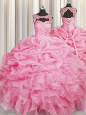 Low Price Rose Pink Lace Up Scoop Beading and Pick Ups Sweet 16 Dress Organza Sleeveless