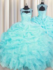 Flirting Scoop Floor Length Lace Up 15th Birthday Dress Aqua Blue and In for Military Ball and Sweet 16 and Quinceanera with Beading and Pick Ups