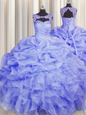 Trendy Scoop Pick Ups Lavender Sleeveless Organza Lace Up Quinceanera Gown for Military Ball and Sweet 16 and Quinceanera