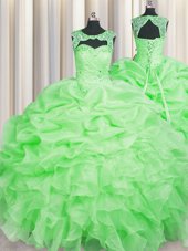 Latest Organza Scoop Sleeveless Lace Up Beading and Pick Ups Quinceanera Gowns in
