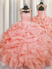 Top Selling Baby Pink Organza Lace Up Scoop Sleeveless Floor Length 15th Birthday Dress Beading and Pick Ups