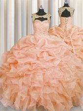 Fabulous Scoop Pick Ups Floor Length Ball Gowns Sleeveless Peach 15 Quinceanera Dress Lace Up