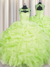 Luxury Pick Ups Scoop Sleeveless Lace Up Sweet 16 Dress Yellow Green Organza