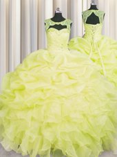 Elegant Yellow Scoop Lace Up Beading and Pick Ups Quince Ball Gowns Sleeveless