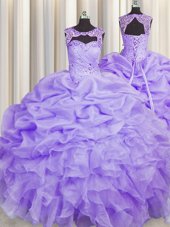 Gorgeous Scoop Lavender Ball Gowns Beading and Pick Ups Sweet 16 Dress Lace Up Organza Sleeveless Floor Length