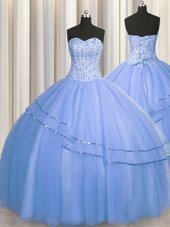 New Arrival Visible Boning Big Puffy Sleeveless Tulle Floor Length Lace Up Sweet 16 Quinceanera Dress in Light Blue for with Beading