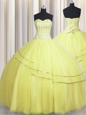 Glittering Visible Boning Really Puffy Tulle Sleeveless Floor Length Quinceanera Gown and Beading