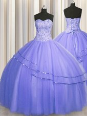Fabulous Visible Boning Puffy Skirt Tulle Sweetheart Sleeveless Lace Up Beading Quinceanera Dresses in Purple