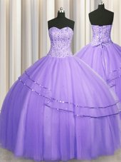 Customized Visible Boning Big Puffy Lavender Sleeveless Beading Floor Length Quince Ball Gowns