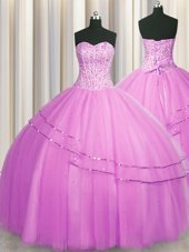 Smart Visible Boning Really Puffy Lilac Sleeveless Tulle Lace Up Quince Ball Gowns for Military Ball and Sweet 16 and Quinceanera