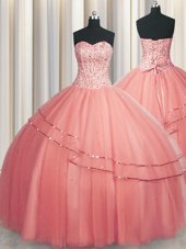 Superior Visible Boning Puffy Skirt Floor Length Lace Up Sweet 16 Dresses Watermelon Red and In for Military Ball and Sweet 16 and Quinceanera with Beading