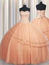 Super Visible Boning Really Puffy Peach Ball Gowns Beading and Ruching Quince Ball Gowns Lace Up Organza Sleeveless Floor Length