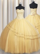 Luxurious Visible Boning Big Puffy Ball Gowns Sweet 16 Quinceanera Dress Light Yellow Sweetheart Organza Sleeveless Floor Length Lace Up