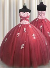 Pretty Wine Red Tulle Lace Up Sweetheart Sleeveless Floor Length Quinceanera Gowns Beading and Appliques