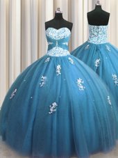 Beading and Appliques Ball Gown Prom Dress Teal Lace Up Sleeveless Floor Length