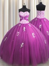 Sweetheart Sleeveless Quince Ball Gowns Floor Length Beading and Appliques Fuchsia Tulle