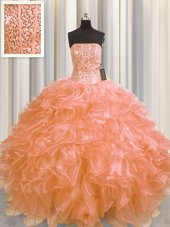 Popular Visible Boning Floor Length Lace Up Sweet 16 Quinceanera Dress Orange and In for Military Ball and Sweet 16 and Quinceanera with Beading and Ruffles