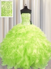 Chic Visible Boning Ball Gowns Quinceanera Gown Yellow Green Strapless Organza Sleeveless Floor Length Lace Up