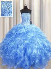 Fashion Visible Boning Beading and Ruffles Sweet 16 Dress Baby Blue Lace Up Sleeveless Floor Length