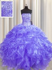Sexy Visible Boning Lavender Strapless Lace Up Beading and Ruffles Sweet 16 Dresses Sleeveless