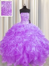 Latest Visible Boning Lavender Strapless Lace Up Beading and Ruffles Quinceanera Gowns Sleeveless