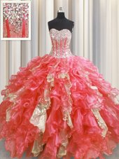 Beautiful Visible Boning Watermelon Red Sweetheart Neckline Beading and Ruffles and Sequins Sweet 16 Quinceanera Dress Sleeveless Lace Up
