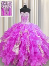 Superior Visible Boning Lilac Sleeveless Beading and Ruffles and Sequins Floor Length Quinceanera Gown