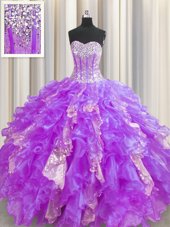 Ideal Visible Boning Sweetheart Sleeveless Sweet 16 Quinceanera Dress Floor Length Beading and Ruffles and Sequins Lavender Organza and Sequined