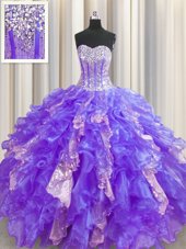 Modest Sequins Visible Boning Floor Length Purple Quinceanera Gowns Sweetheart Sleeveless Lace Up