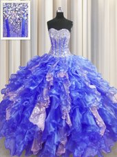 Hot Sale Visible Boning Royal Blue Sleeveless Floor Length Beading and Ruffles and Sequins Lace Up Vestidos de Quinceanera