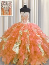 Romantic Sequins Visible Boning Floor Length Ball Gowns Sleeveless Orange Sweet 16 Dress Lace Up