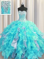 Visible Boning Floor Length Lace Up 15 Quinceanera Dress Aqua Blue and In for Military Ball and Sweet 16 and Quinceanera with Beading and Ruffles and Sequins