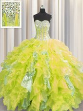 Glittering Visible Boning Sleeveless Beading and Ruffles and Sequins Lace Up Quinceanera Dresses