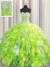 Traditional Visible Boning Yellow Green Organza and Sequined Lace Up Sweetheart Sleeveless Floor Length 15 Quinceanera Dress Beading and Ruffles and Sequins